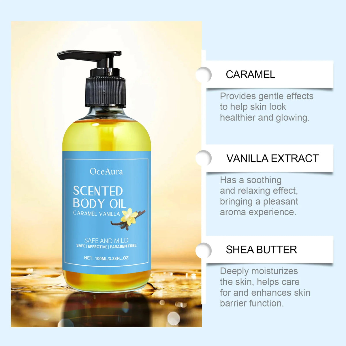 Caramel Vanilla Body Massage Oil Moisturizing Nourishing Smoothing Skin Care Relieve Stress Muscle Relaxing Body SPA Oils