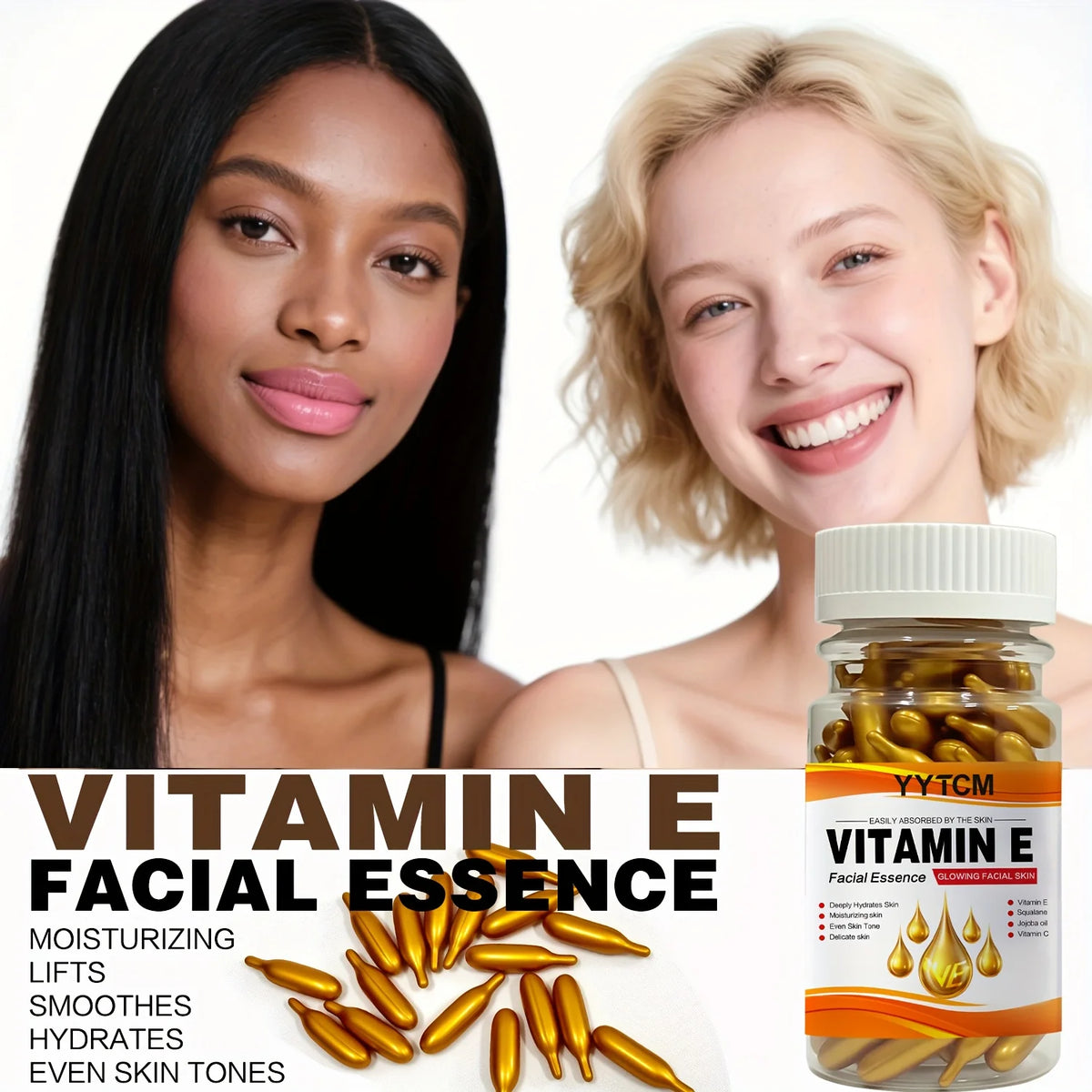 Vitamin E Deep Moisturizing Capsule Essence, hydrates and smooths the skin, contains plant squalane, vitamin C, and deep moisturizing and brightening skin essence (0.4g x 90 capsules)/bottle - 1 bottle