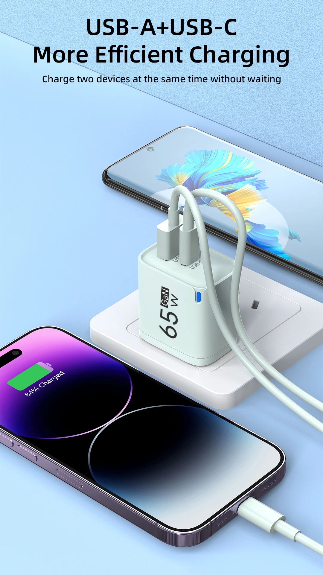 65W 2 In 1 USB Type C Fast Charging Charger PD High Speed Charge For iPhone Xiaomi Huawei Samsung Oneplus Mobile Phone Adapter