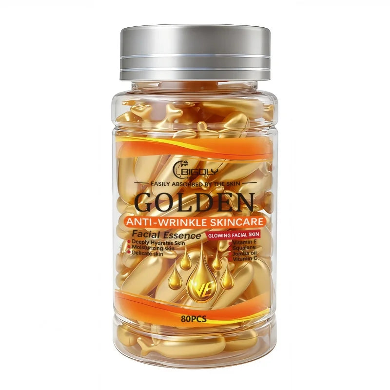 80 Capsules of Facial Anti-Wrinkle Serum, Rich in Vitamins C, E, and Squalane, Moisturizes and Nourishes the Skin, Making It Smooth and Delicate, Packaged in Capsule Form, Hygienic and Portable