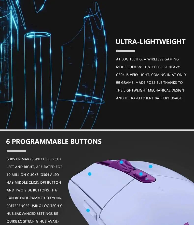 Wireless Gaming Mouse Logitech G305 LIGHTSPEED, 12000 DPI HERO, 6 Buttons, 250hr Battery, 99g, PC Mac Gamers