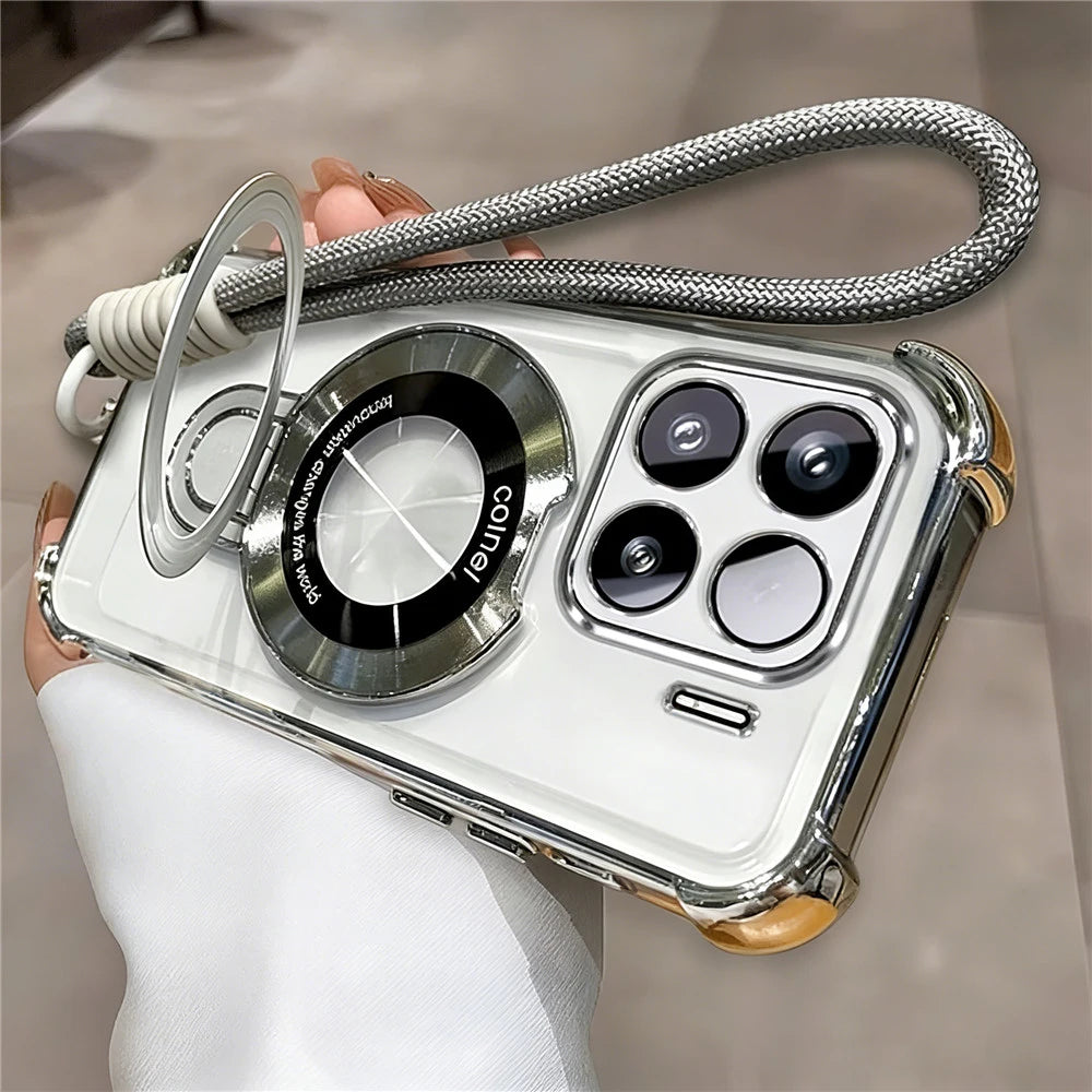Rope Lanyard Strap Stand Phone Case For Xiaomi Redmi Note 14 Pro Plus 14S Note 15 Pro 4G 5G Transparent Shockproof Soft Cover