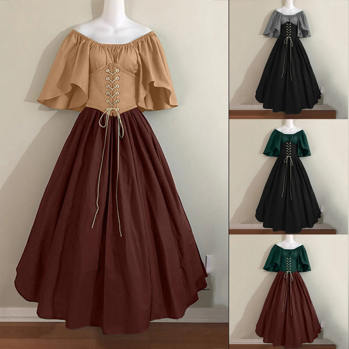 Women Patchwork Medieval Renaissance Dress Halloween Gothic off Shoulder Retro Long Dress