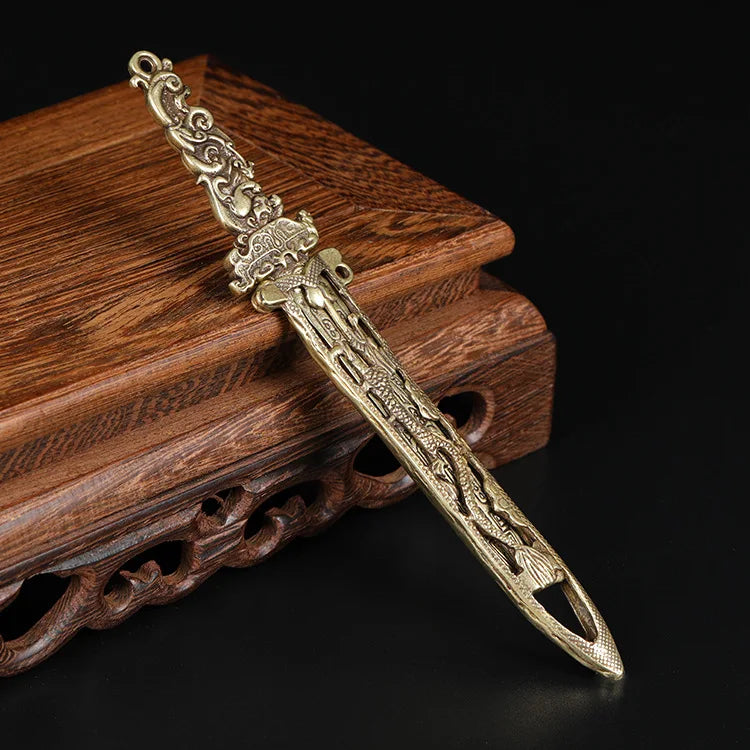 Brass Sword Pendant Waist Decoration Exquisite Double-Sided Carved Small Sword Handle Antique Copper Craft Ornament