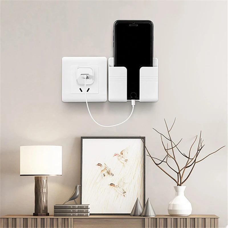 Punch Free Wall Mounted Remote Control Holder Phone Charging Organizer