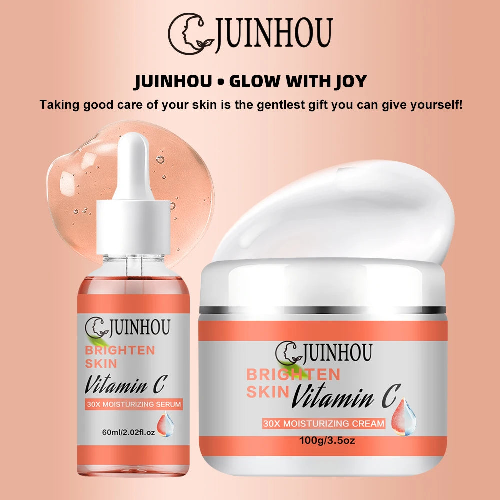 JUINHOU Vitamin C Skin Care Serum Cream Set Brighten Moisturizing Oil-Control Improve Uneven Skin Tone For Dull Skin Daily Care