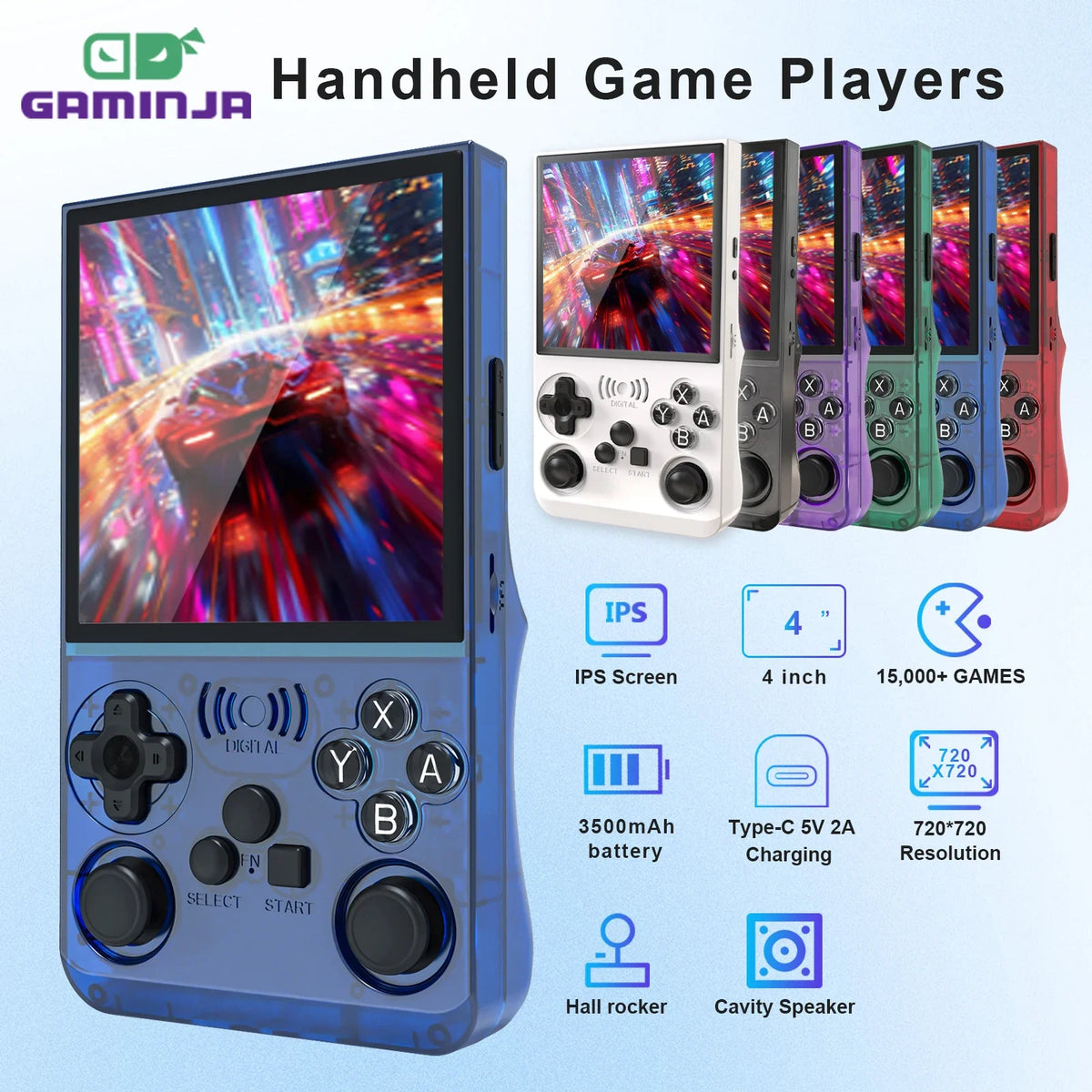 Consola de videojuegos retro portátil GAMINJA ANS13 15000+ juegos integrados Linux Pantalla IPS de 4,0 pulgadas Consola de juegos de bolsillo portátil