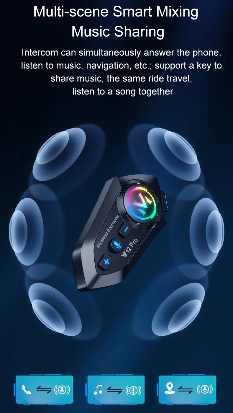 Y20 Pro Motorcycle Helmet Headset Bluetooth 500M Intercom FM Radio Hands-free Call Waterproof Mixing Music Sharing Interphone