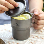 Pure Titanium Camping Cup with Lid Foldable Handle Lightweight Single Wall Mug Open Fire Coffee Tea Cup for Hiking Backpacking