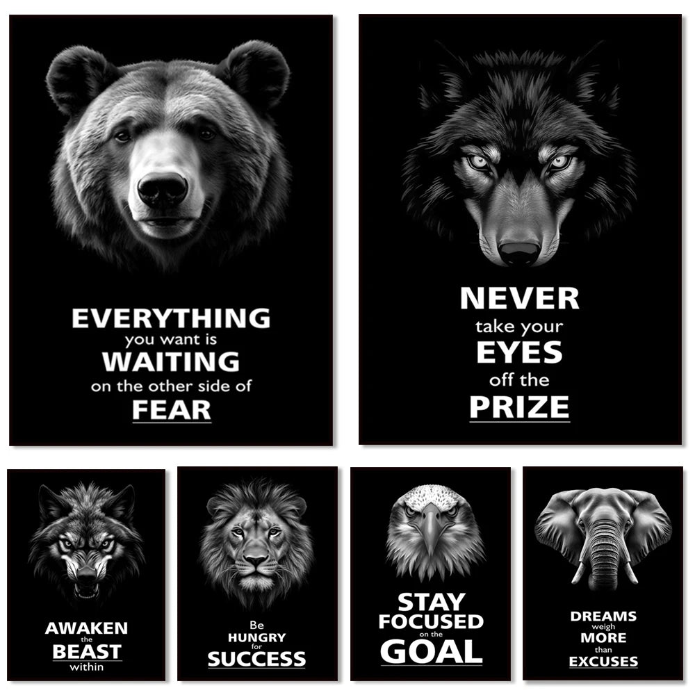 Motivational print, believe in yourself, never be afraid, awaken the beast within, animal motivational poster office decoration