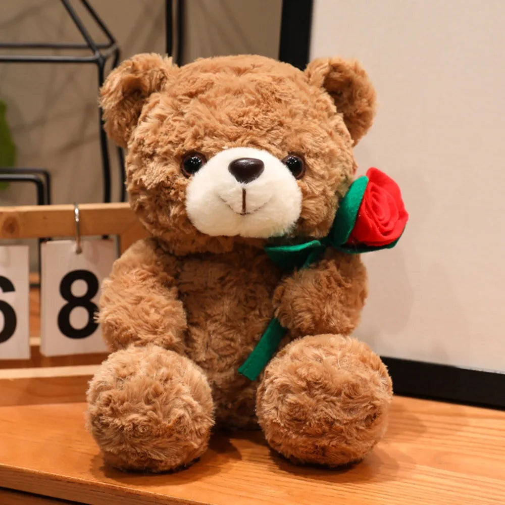 Lovely 16/25CM Bear Plush Toy Romantic Red Heart Rose Bear Doll Cute Soft Holding Flowers Bear Doll Home Decoration