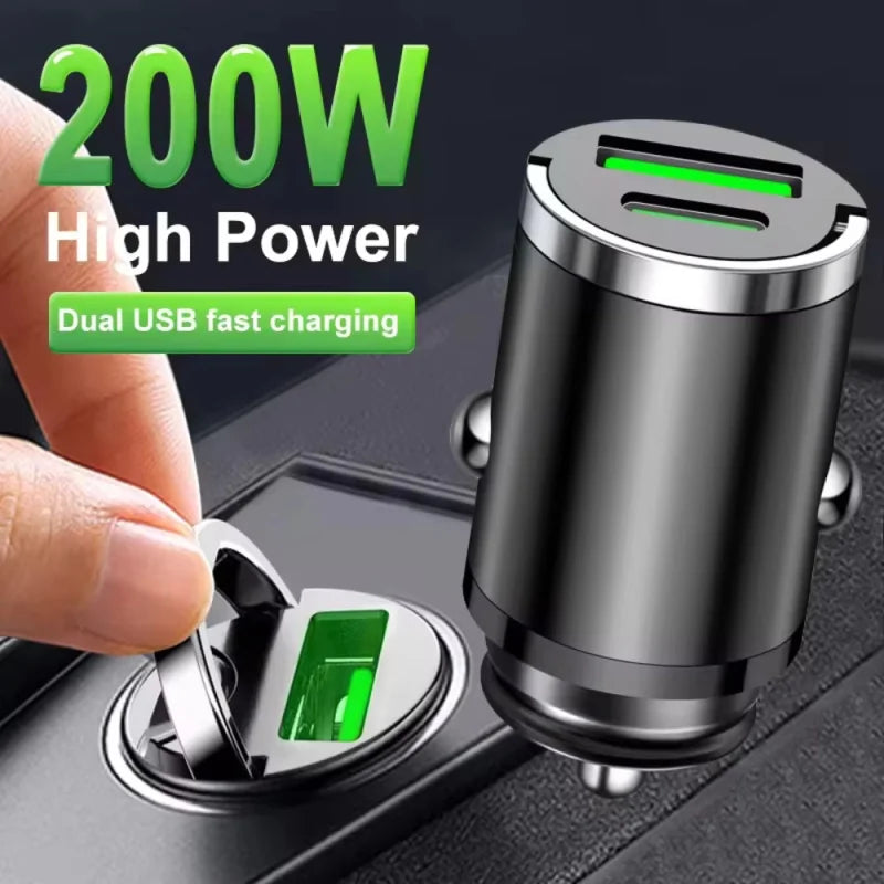 200W Mini Car Charger With QC3.0 USB C PD Fast Charging for iPhone Samsung Xiaomi