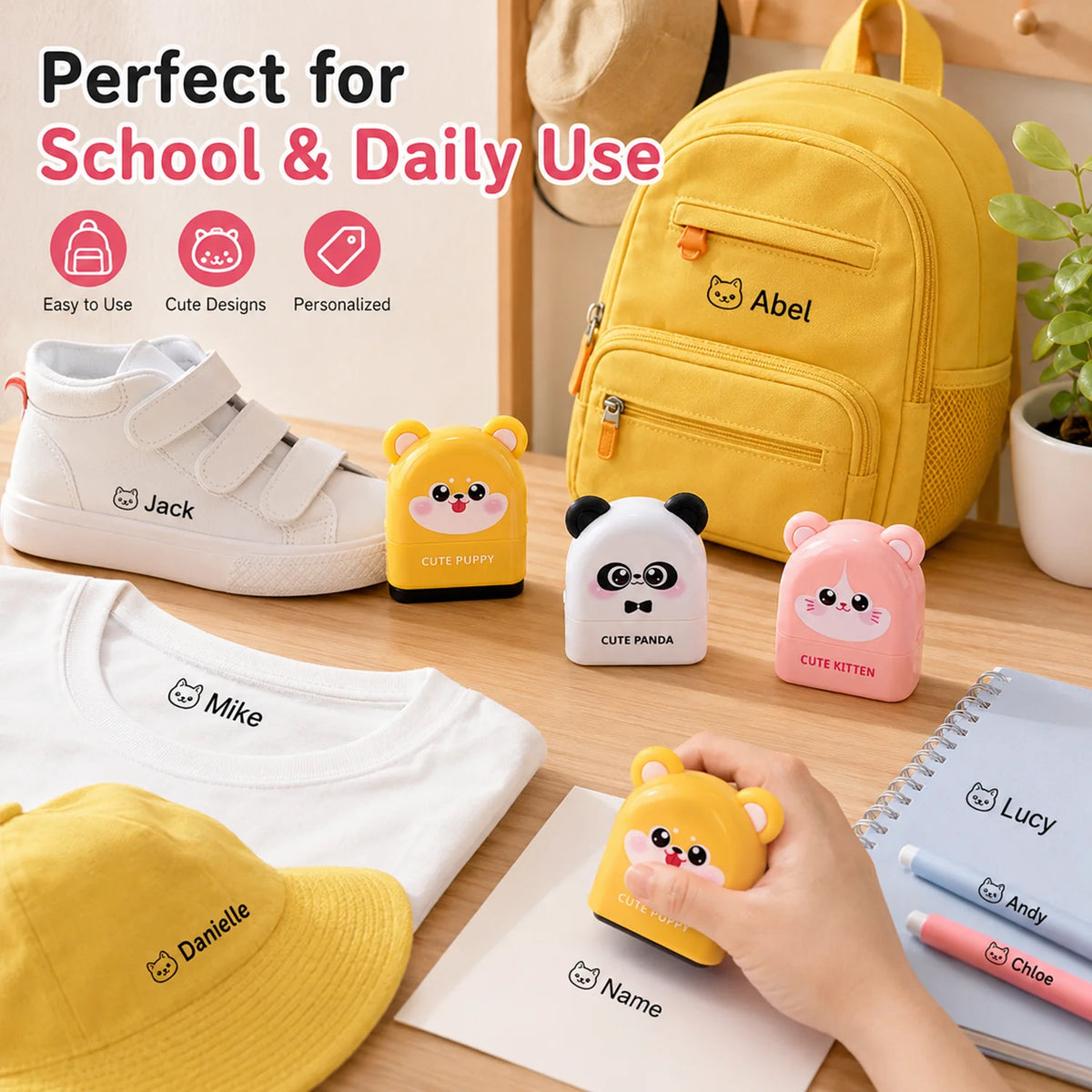 Personalized Cute Name Stamp Waterproof Clothing Label for Kids Self Ink Stamp for Kindergarten School Bags Custom Stamp