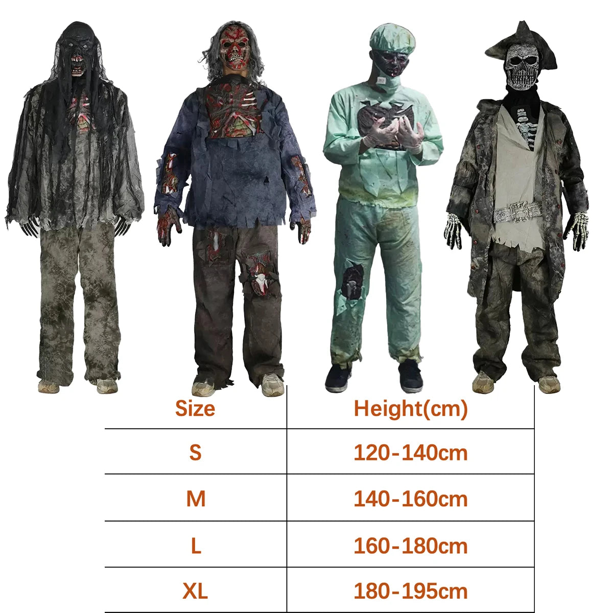 Kids & Adults Zombie Cosplay Costume, Scary Horror Bloody Skeleton  Outfit with Mask Gloves, Halloween Carnival Fancy Dress