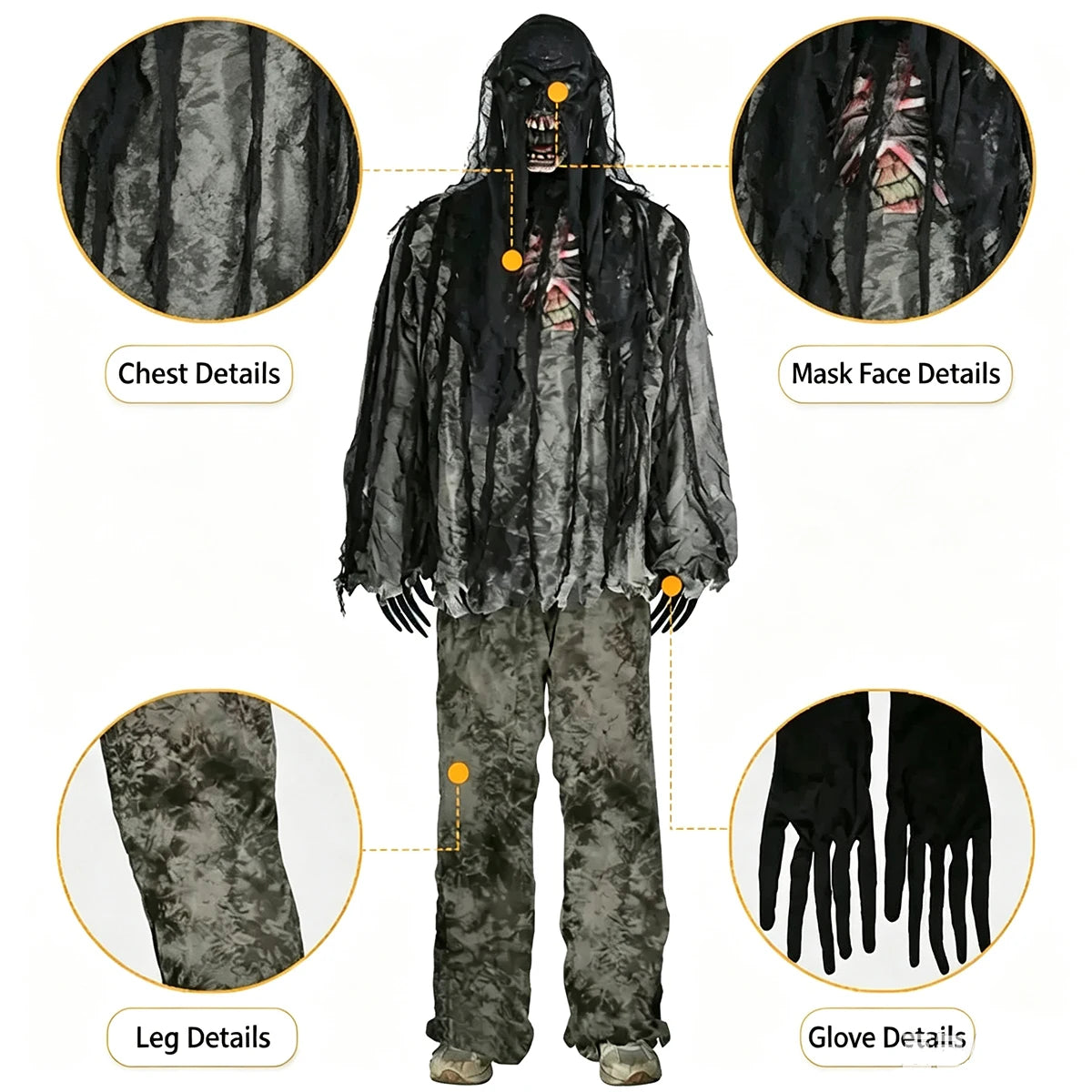 Kids & Adults Zombie Cosplay Costume, Scary Horror Bloody Skeleton  Outfit with Mask Gloves, Halloween Carnival Fancy Dress