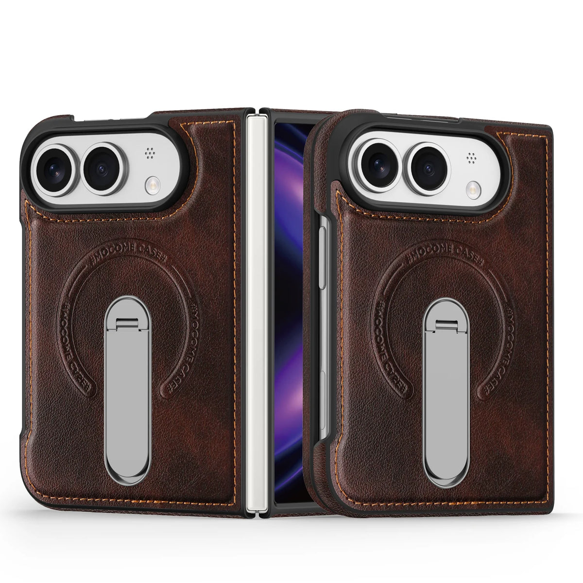 For Magsafe For iPhone Duo Case Luxury Matte Leather Magnetic Rotating Ring Holder Shockproof Protection Back Cover Accessories