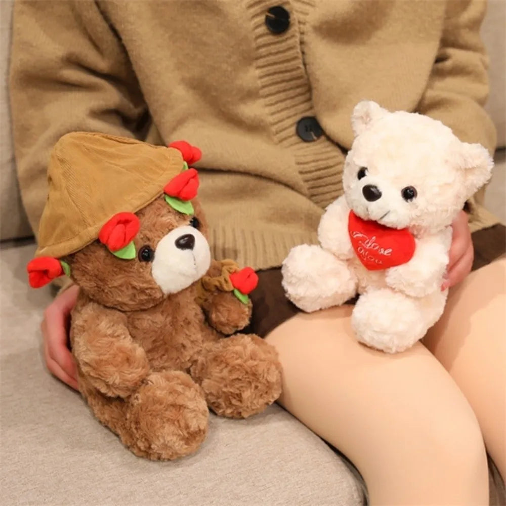 Lovely 16/25CM Bear Plush Toy Romantic Red Heart Rose Bear Doll Cute Soft Holding Flowers Bear Doll Home Decoration