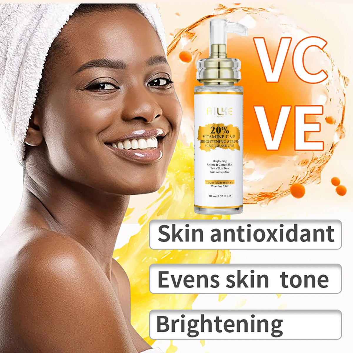 AILKE Vitamin C and E Brightening Concentrated Serum, Whitening, Moisturizing, Clean Skin, Reduce Dark Spots, 100ml/3.52 oz
