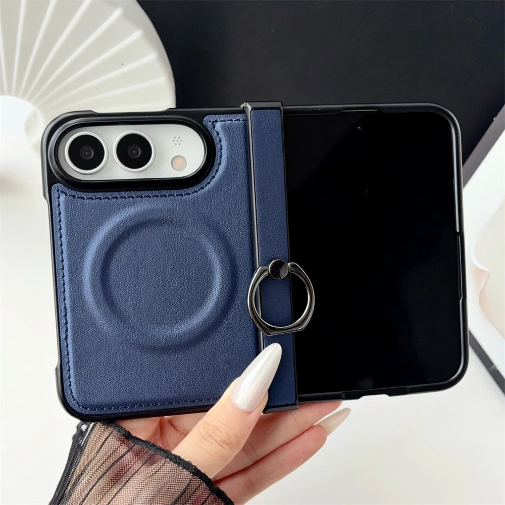 Vegan Leather Magnetic Ring Phone Case For iPhone Duo Shockproof Matte For Magsafe Wireless Charging Shockproof Back Cover