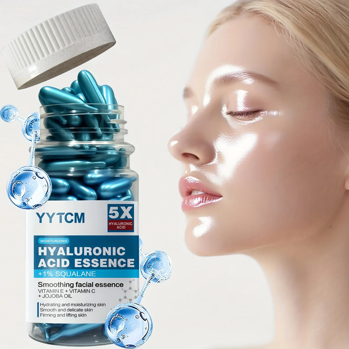 Hyaluronic Acid Deep Moisturizing Capsule Essence, Hydrates and Smoothes the Skin, Contains Plant-Derived Squalane, Vitamin E, Vi