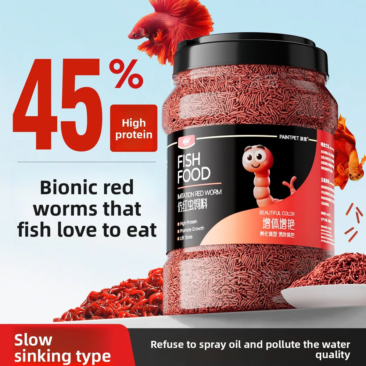 PAINTPET Bio-Mimetic Bloodworm Fish Food, Slow Sinking Protein Pellets for Tropical Fish, Universal Diet for Guppy, Tetra, Betta