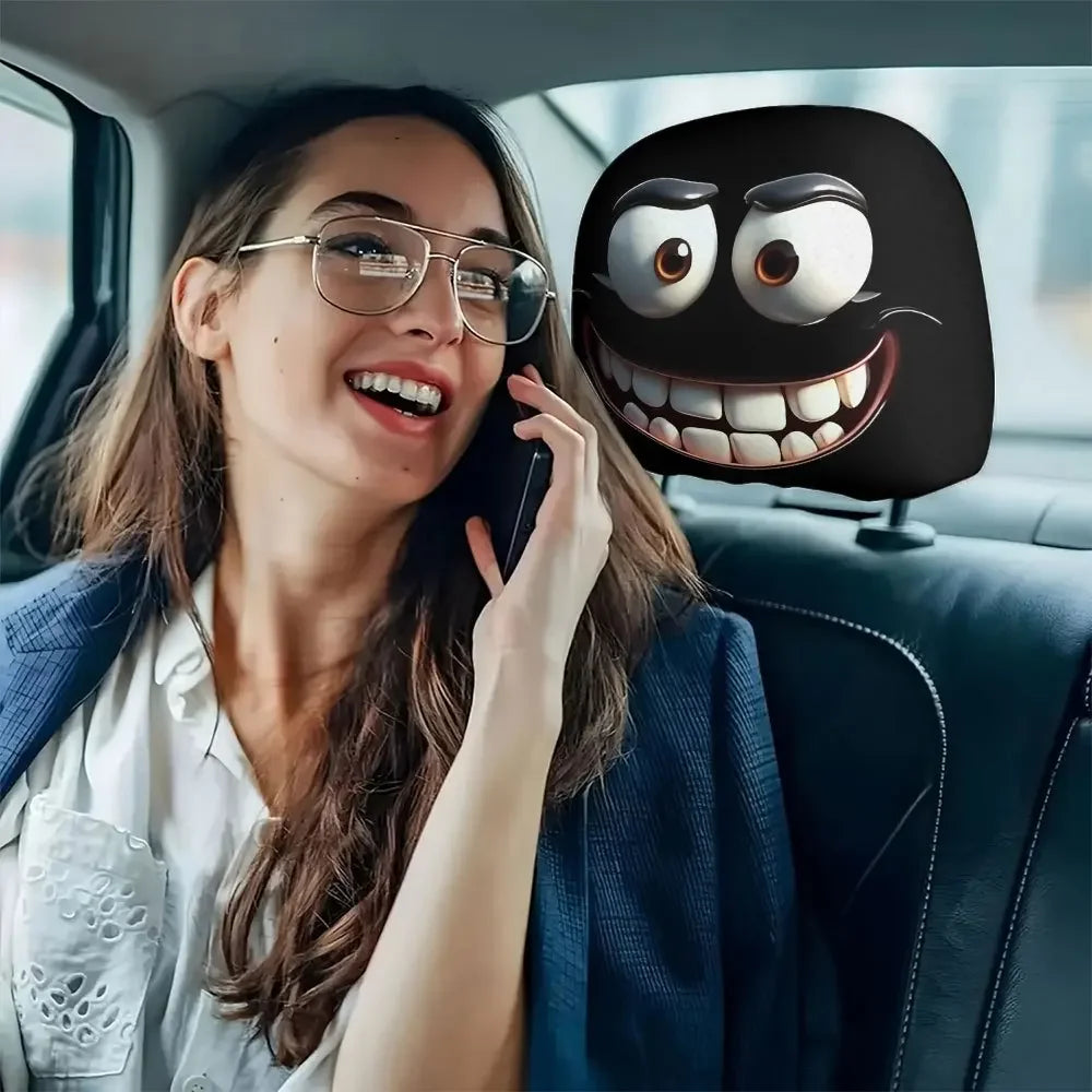 2pcs Smiley Face Printed Car Pillowcase Soft Comfortable Decorative Cushion Cover Auto Seat Headrest Washable Polyester Fabric