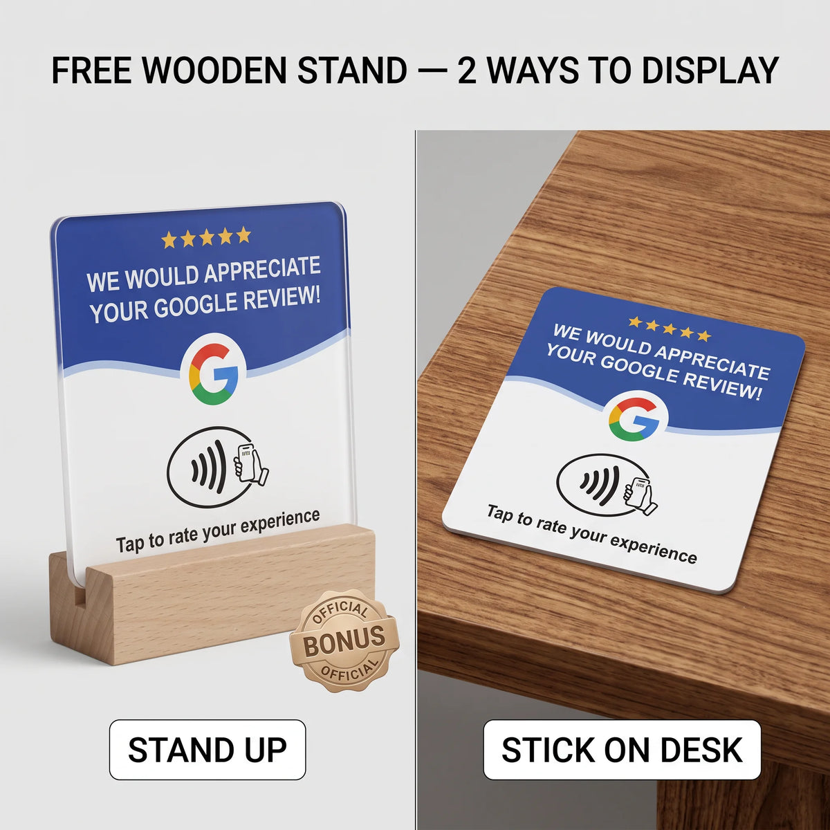 4-Pack Acrylic NFC Google Review Cards with Four Wooden Bases Included for Interactive Feedback And Reviews