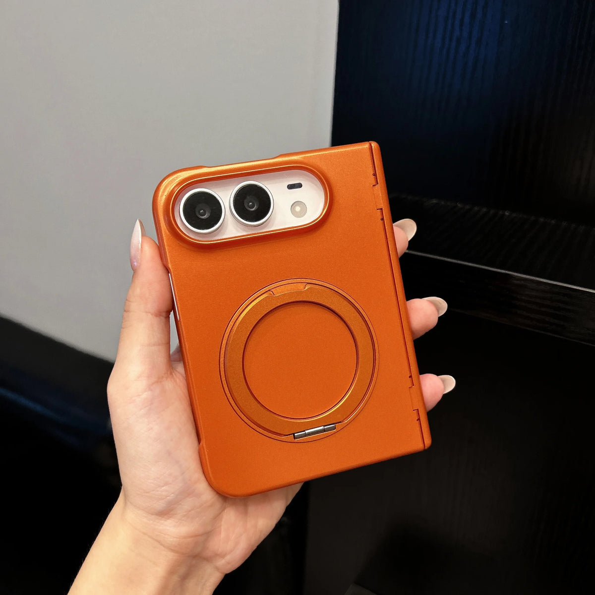 For iPhone 18 DUO Magnetic 360 Bracket Case for iPhone DUO 18 Fold Metallic Paint Spring Axis Protection Wireless Charging Cover