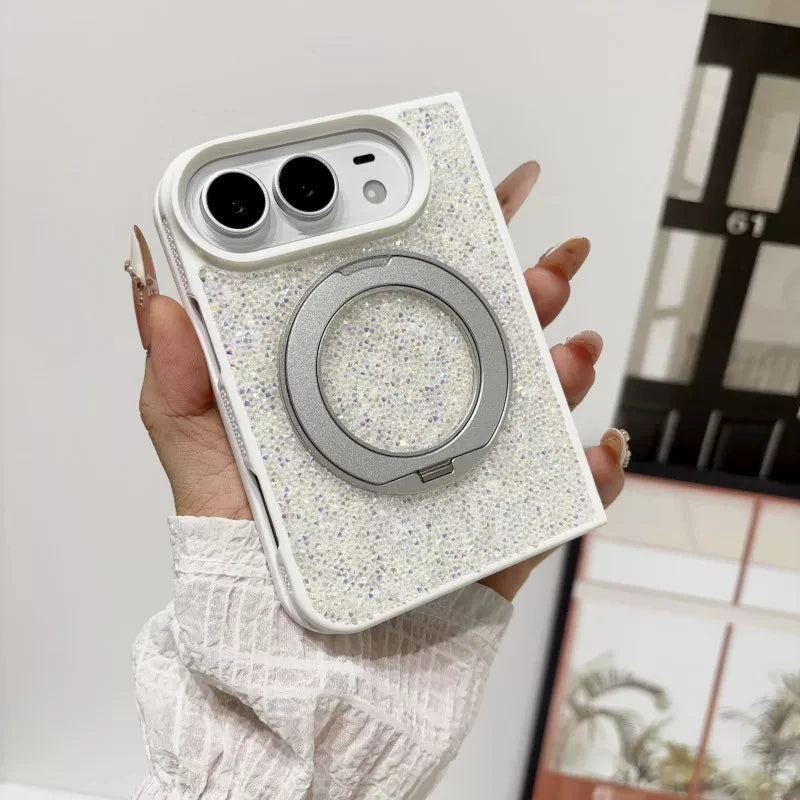 For iPhone Duo New Luxury Shell Flash Diamond 360° Rotating stand Phone Case For Magsafe Magnetic Wireless Charging Girl Cover