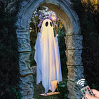 Hanging Swing Ghost Halloween Decoration Cute White Ghost with String Light Spooky Ghost Ornament for Porch Yard Trees