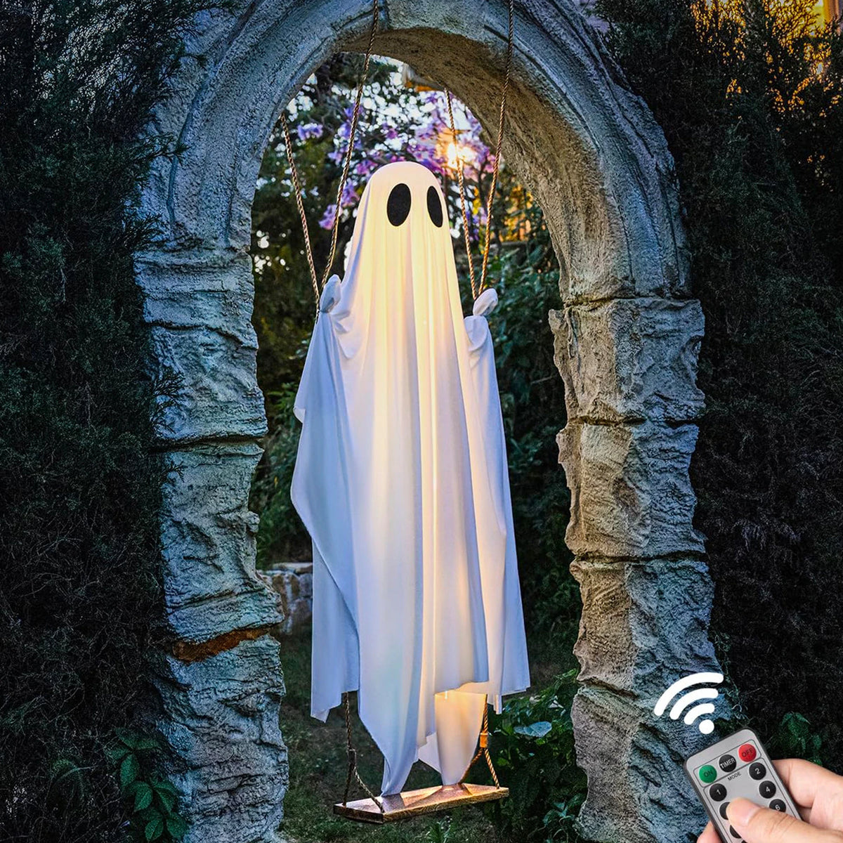 Hanging Swing Ghost Halloween Decoration Cute White Ghost with String Light Spooky Ghost Ornament for Porch Yard Trees