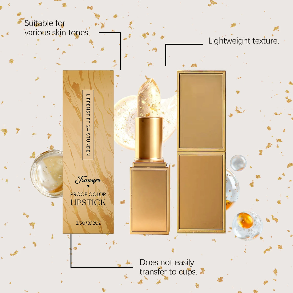 Color Changing PH Reactive Lip Balm With Gold Flecks And Non Sticky Shine