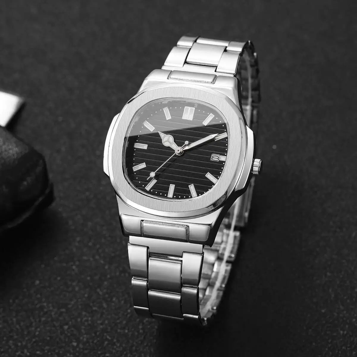 Luxury Men Business Watches Fashion Square Dial Stainless Steel Strap Quartz Watch with Calendar For Mens Clock（Without Box）