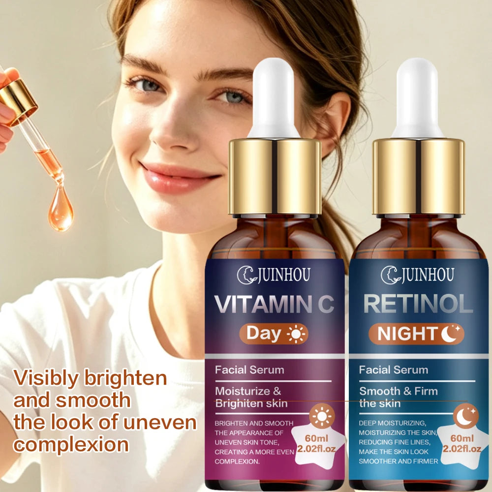 JUINHOU 2Pcs Day & Night Face Serum Set Vitamin C Retinol Hydrating Glowing Skin Make Skin Smoother And Firmer Daily Facial Care