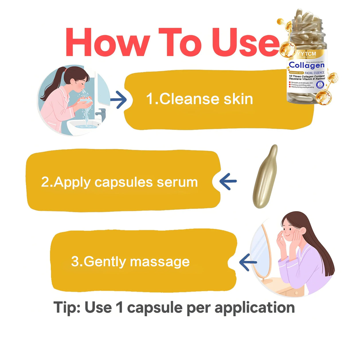 Collagen Firming Capsule Essence, Moisturizing and Smoothing the Skin, Contains Plant-Based Squalane, Retinol, and Vitamin E Deep Hydration Essence (0.4Gx90 Capsules)/Bottle-1 Bottle
