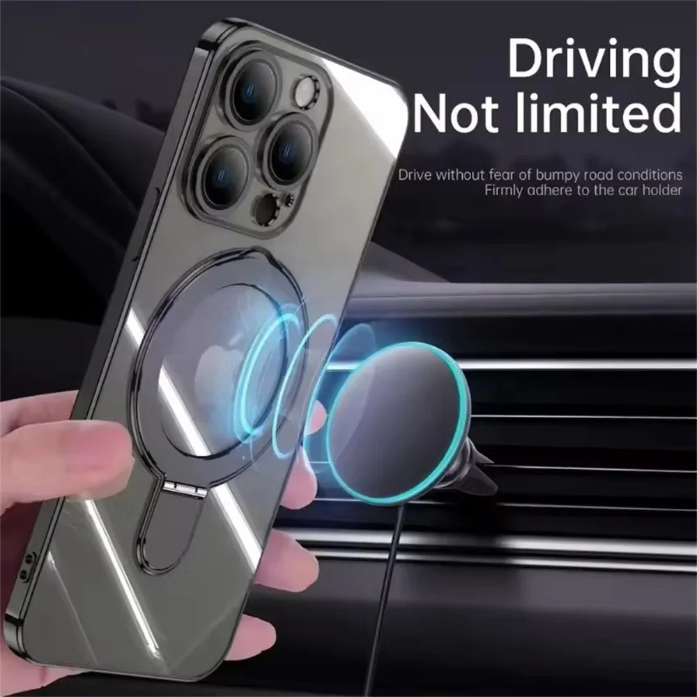Luxury For Magsafe Bracket Case For iPhone 16 17 18 15 14 13 12 Pro Max 16 Plus Magnetic Ring Stand Holder Clear Acrylic Cover