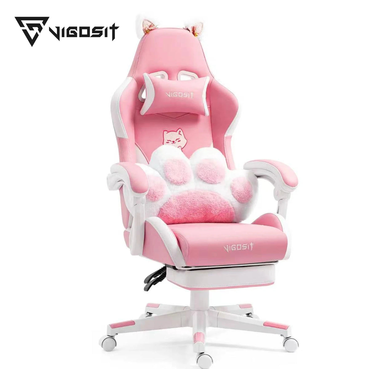 Vigosit Gaming Chair Cute Ears and Kawaii Pillow Ergonomic Computer Game Chair for Girls with Lumbar Support