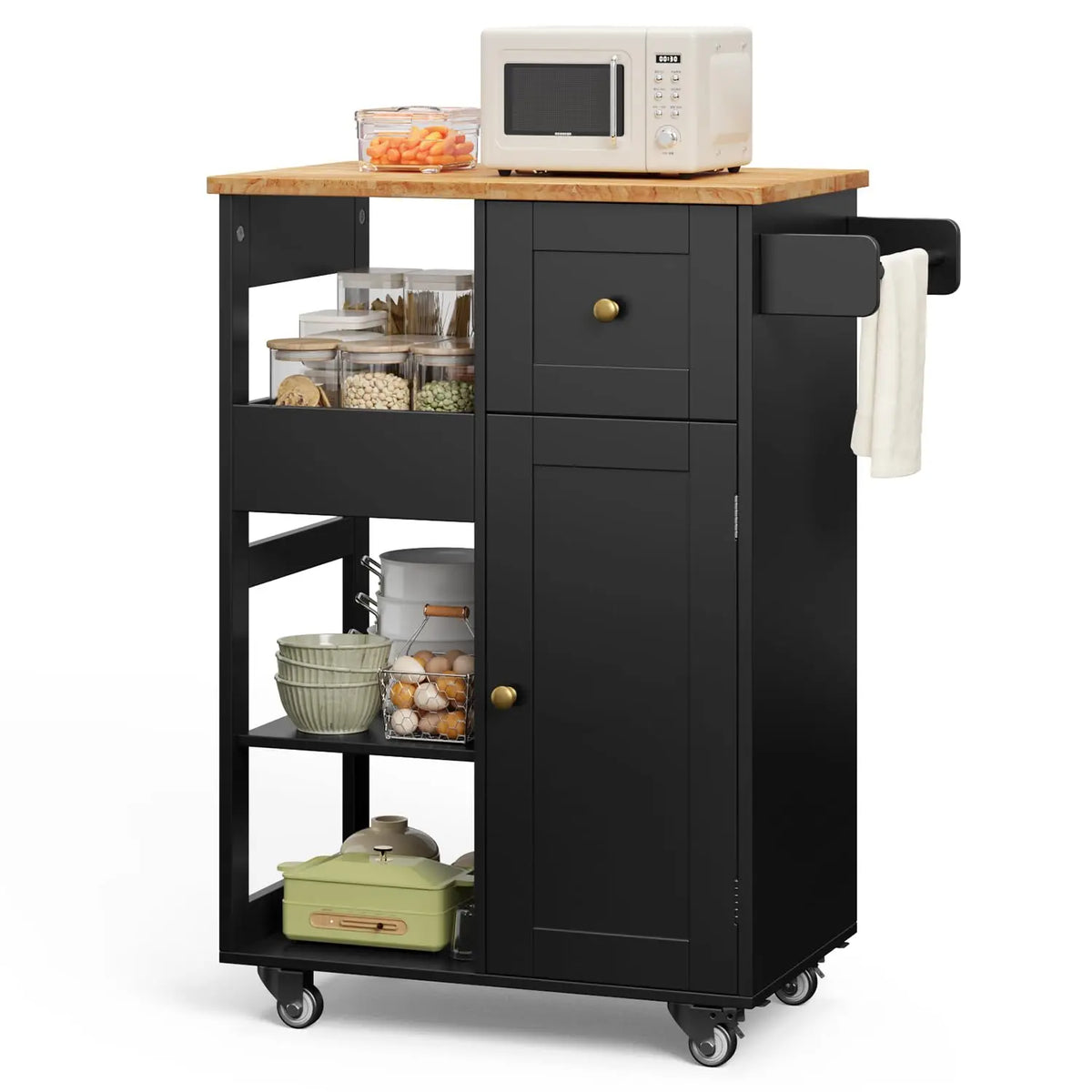 Kitchen Island Cart with Thickened Wooden Countertop, Rolling Cabinet with Drawers & Shelves for Dining Room, Black, Customized