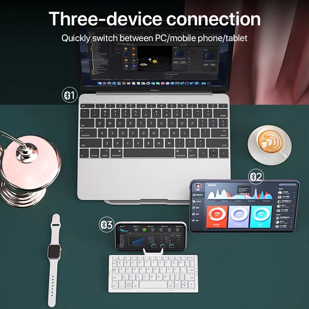 Neue Mini faltbare Bluetooth-Tastatur, kabellose Tastatur, unterstützt 3 Geräte mit Ständer, wiederaufladbar für Telefon, Tablet, portugiesische Tastatur