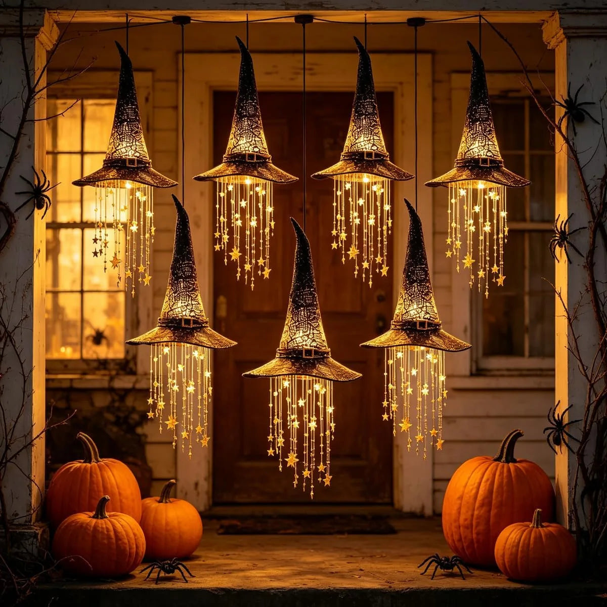 Lighted Witch Hat Hanging Chime, Halloween Outdoor Ornament, Glowing Mesh Cascading Stars, Black Frame Decoration, Party Decor