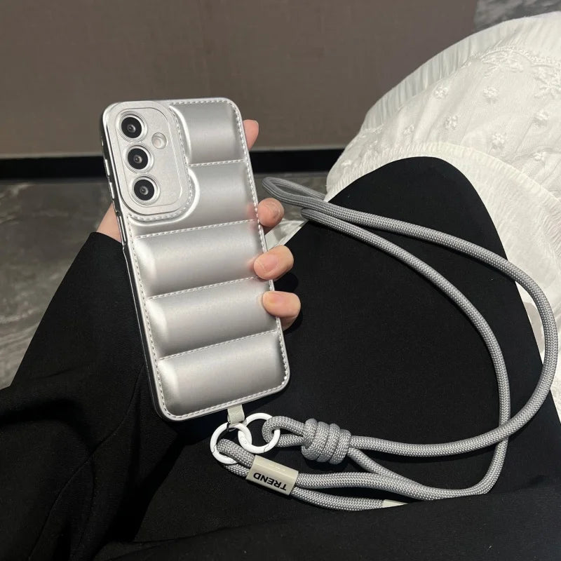Fashion Down Jacket Lanyard Crossbody Case For Samsung Galaxy A56 A36 A26 A16 A55 A35 A54 A53 A52 A34 A33 Long Strap Soft Cover