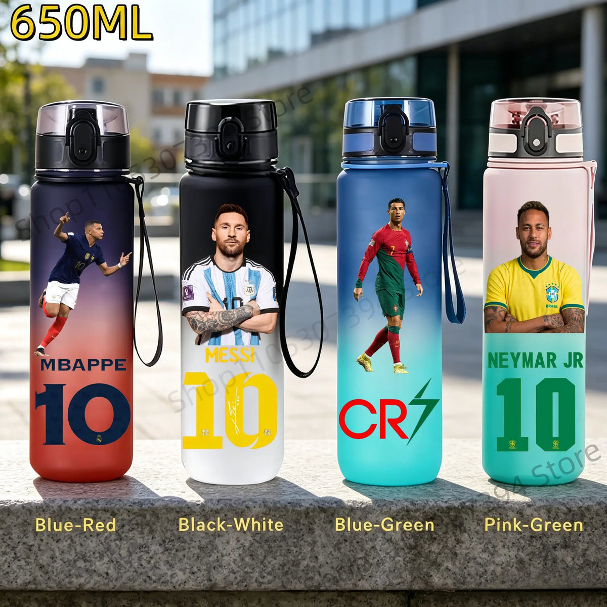 650MLRonaldo Messi Mbappé Sports Water Bottle Bulbasaur Squirtle Drinking Bottles Travel Cycling Hiking Exercise Gym Jugs