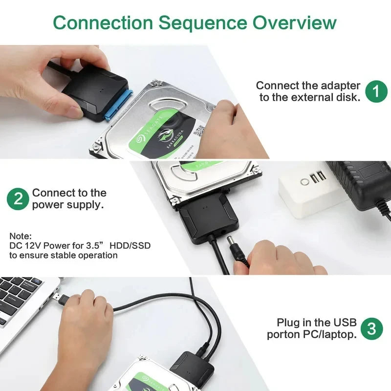 SATA to USB 3.0 Cable SATA III Hard Drive Adapter Converter for 2.5" 3.5" SSD HDD Hard Drive Disk with 12V/2A Power Adapterer