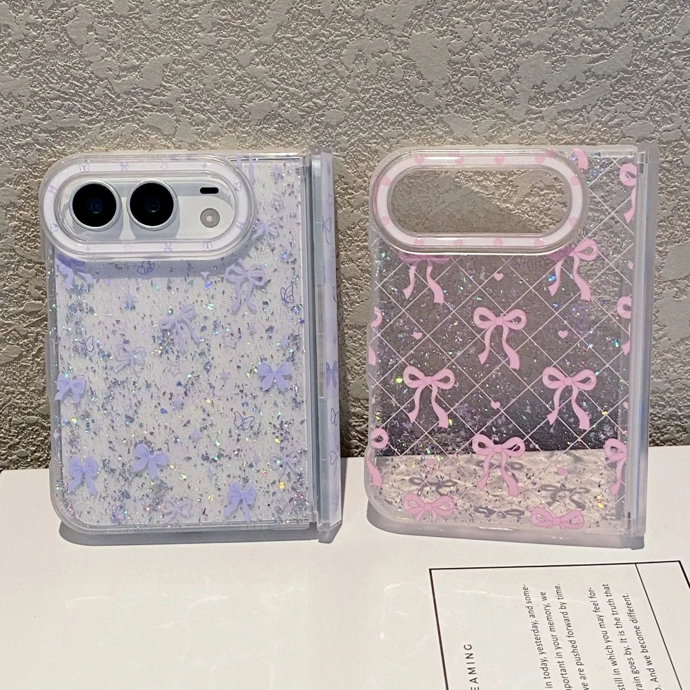 Luxury Glitter Sequins Transparent Bows Phone Case For iPhone Duo Clear Hinge Protection Soft Silicone Shockproof Bumper Cover