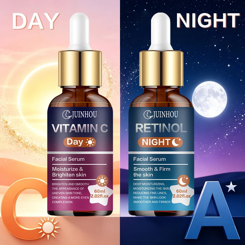 JUINHOU 2Pcs Day & Night Face Serum Set Vitamin C Retinol Hydrating Glowing Skin Make Skin Smoother And Firmer Daily Facial Care