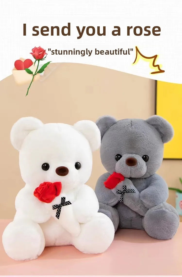 Wedding Rose Bear Plush Toy Cute Stuffed Animal Gift for Valentines Day Anniversary and Romantic Celebration Decor