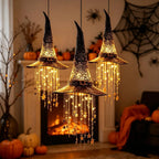 Lighted Witch Hat Hanging Chime, Halloween Outdoor Ornament, Glowing Mesh Cascading Stars, Black Frame Decoration, Party Decor