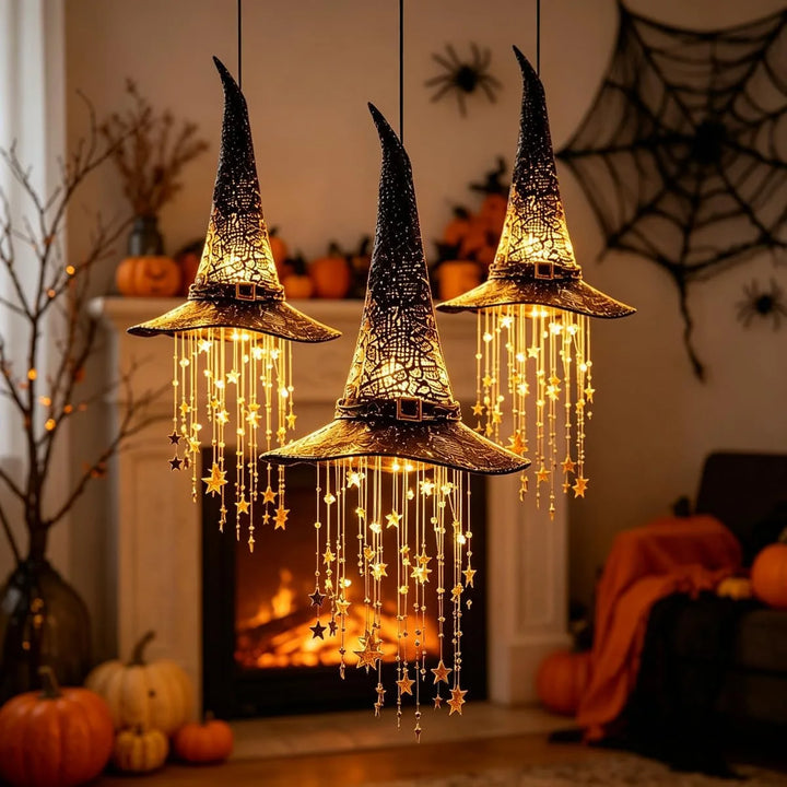 Lighted Witch Hat Hanging Chime, Halloween Outdoor Ornament, Glowing Mesh Cascading Stars, Black Frame Decoration, Party Decor