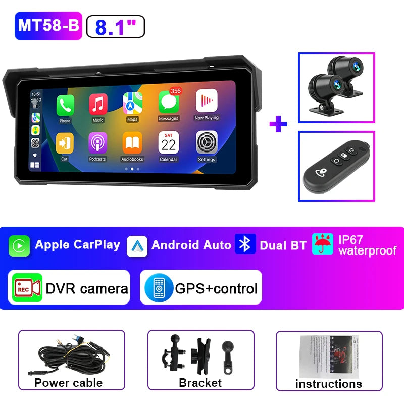 Jansite Portable 8.1 inch IP67 Waterproof Motorcycle 4K DVR GPS Navigation Wireless Carplay Android Auto Moto Recorder Monitor