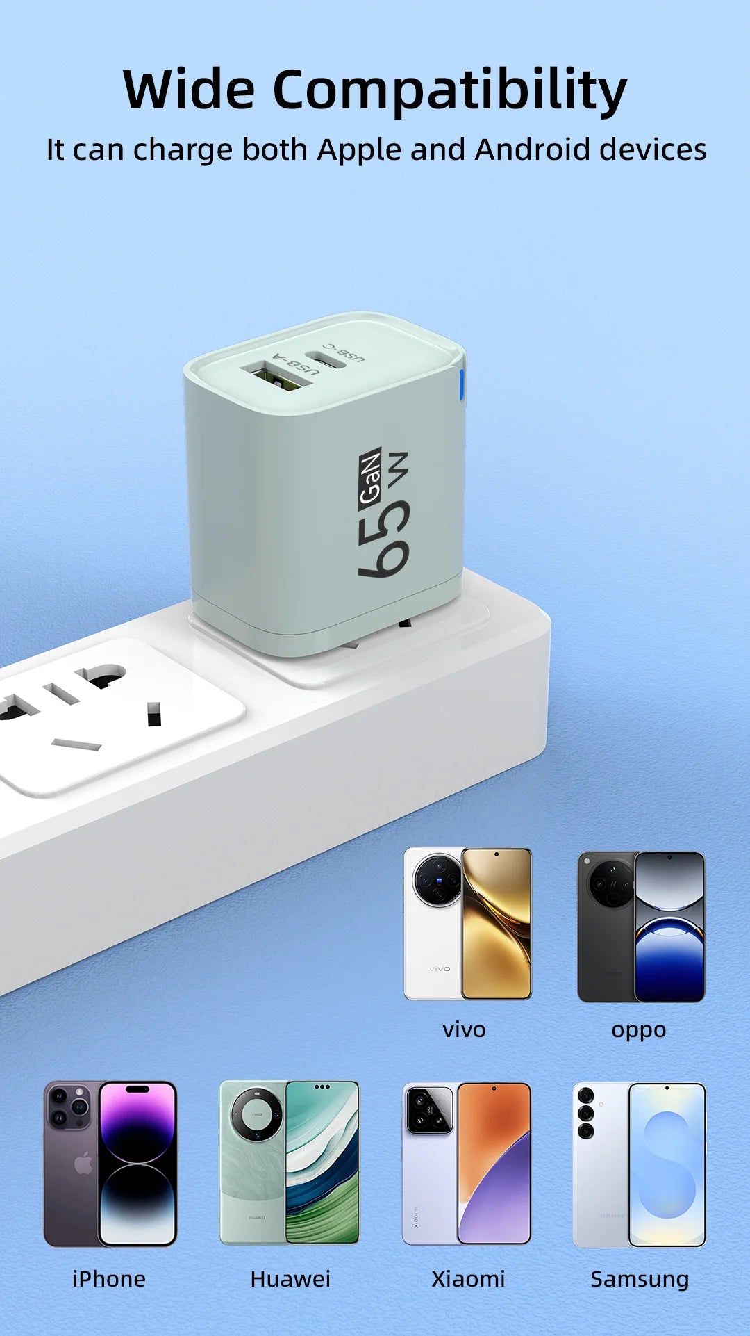 65W 2 In 1 USB Type C Fast Charging Charger PD High Speed Charge For iPhone Xiaomi Huawei Samsung Oneplus Mobile Phone Adapter